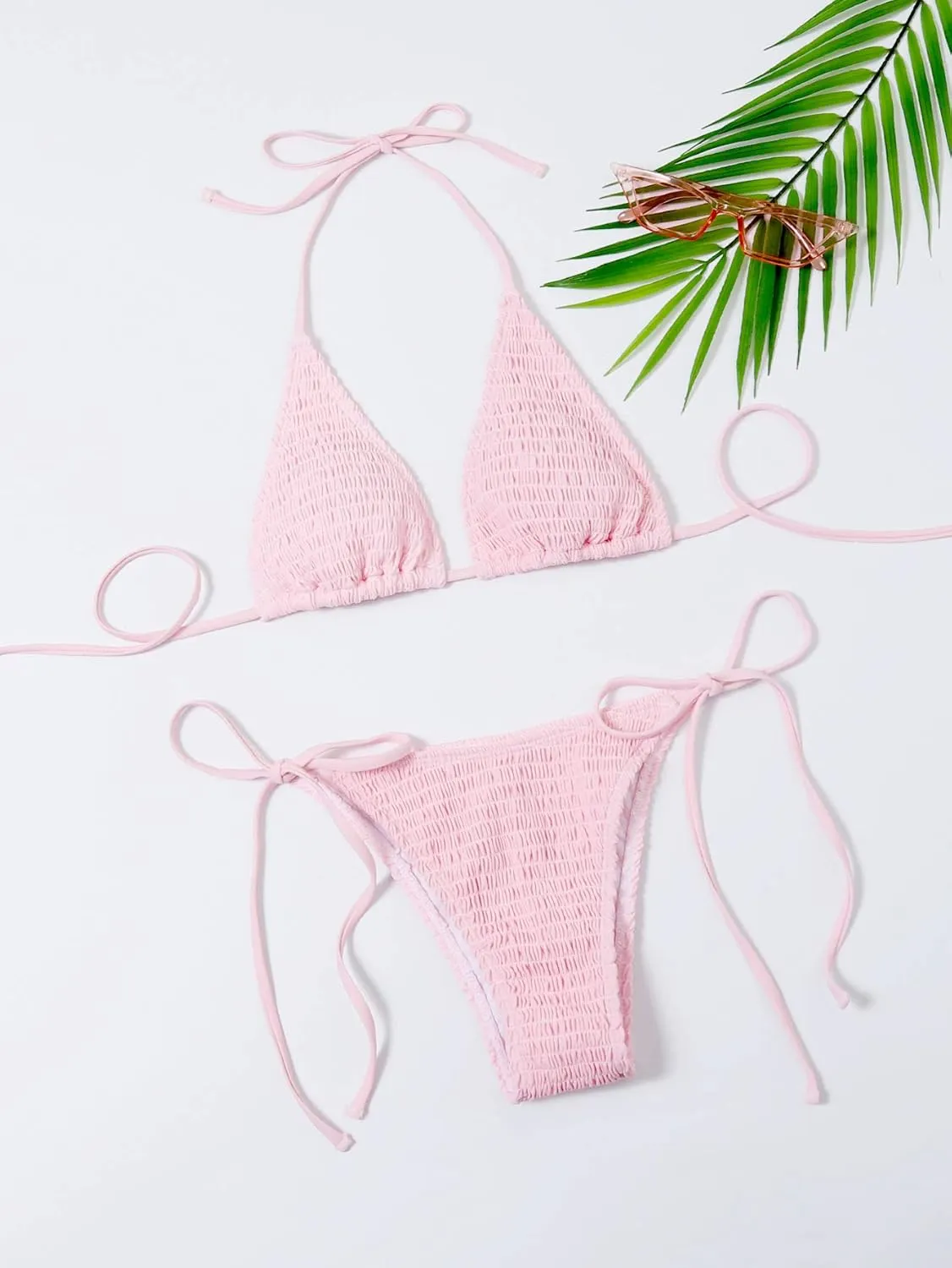 SweatyRocks Women's 2 Piece Triangle Bathing Suit Halter Top ​Tie Side Thong Bikini Swimsuits