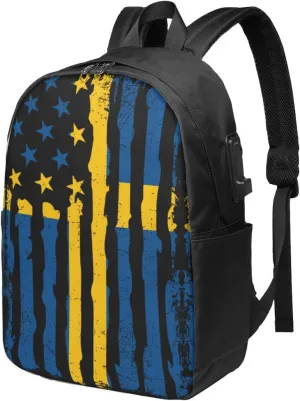 Swedish American Flag Sweden Roots Laptop Backpacks Travel Backpack Casual Business Daypack Sport Rucksack Computer Bag Fits up to 17 Inch Notebook with USB Port
