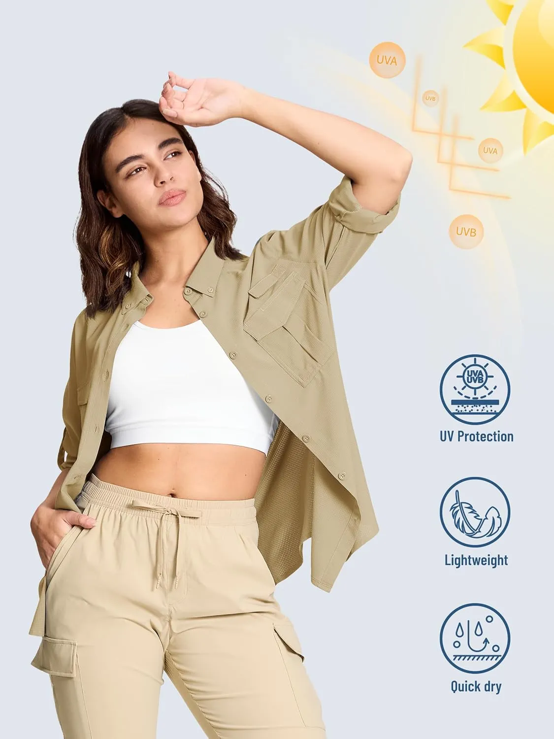 TACVASEN Women's Long Sleeve UV Sun Protection Safari Shirts Lightweight Quick Dry Hiking Fishing Button Down Shirts