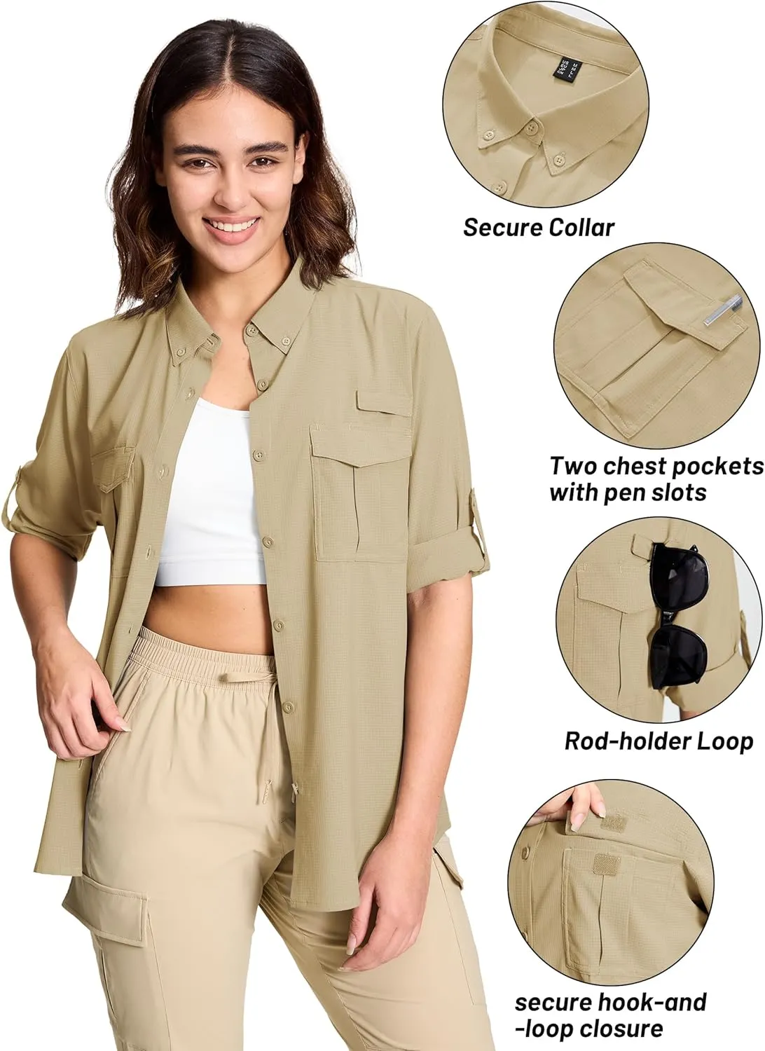 TACVASEN Women's Long Sleeve UV Sun Protection Safari Shirts Lightweight Quick Dry Hiking Fishing Button Down Shirts