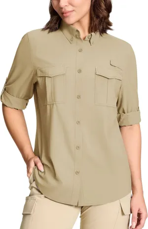 TACVASEN Women's Long Sleeve UV Sun Protection Safari Shirts Lightweight Quick Dry Hiking Fishing Button Down Shirts