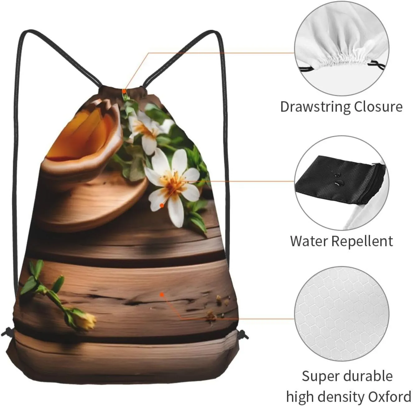 Teal Flower On Wooden Plank Drawstring Backpacks Polyester Bag For Yoga Meditation Fitness