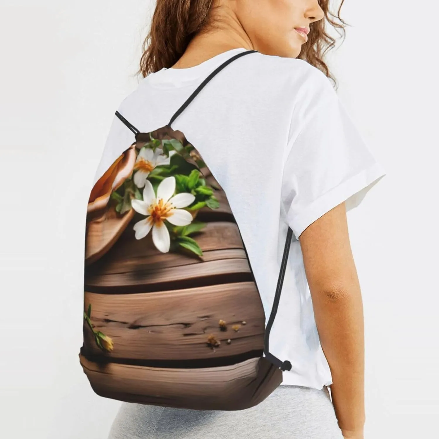 Teal Flower On Wooden Plank Drawstring Backpacks Polyester Bag For Yoga Meditation Fitness