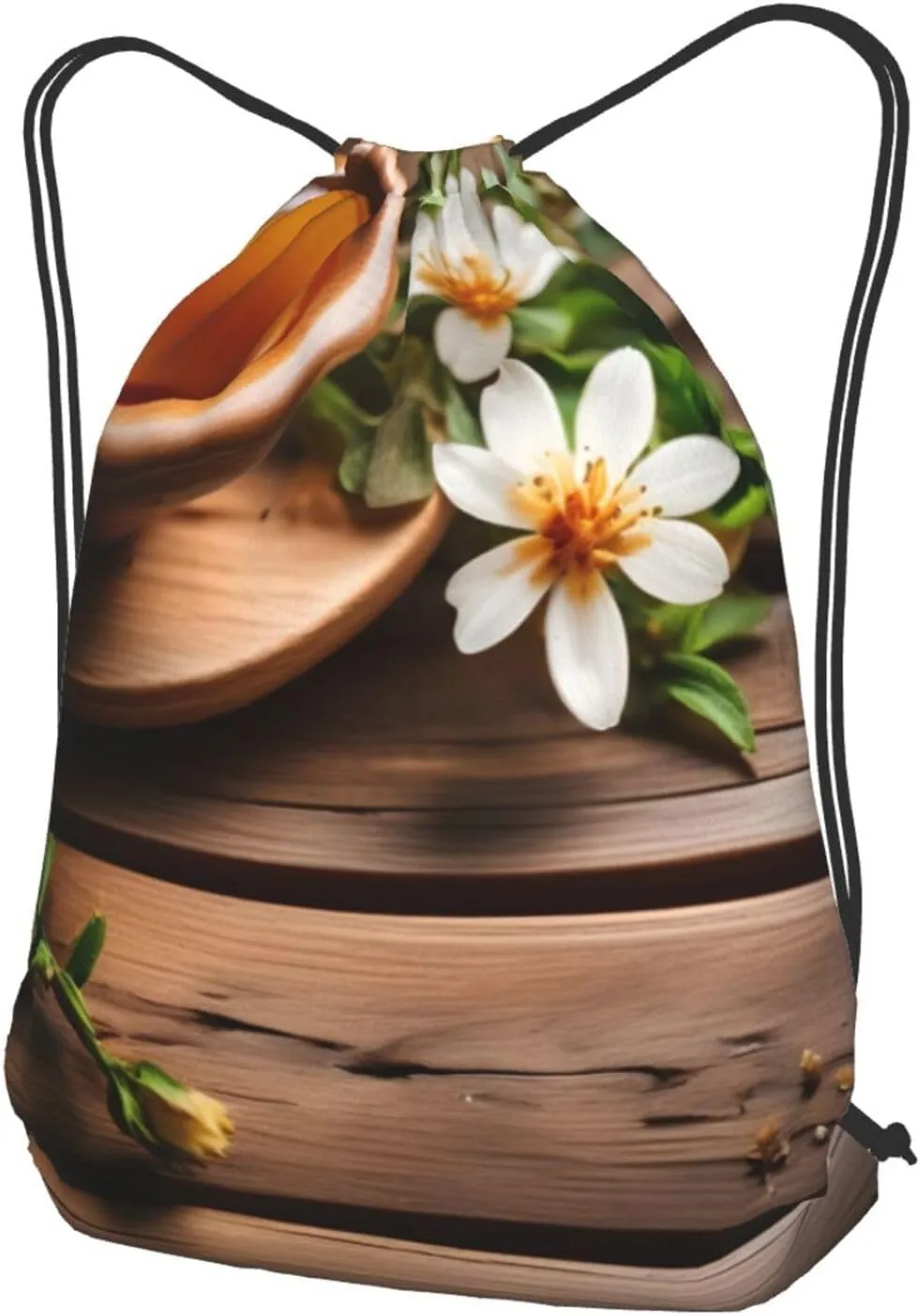 Teal Flower On Wooden Plank Drawstring Backpacks Polyester Bag For Yoga Meditation Fitness
