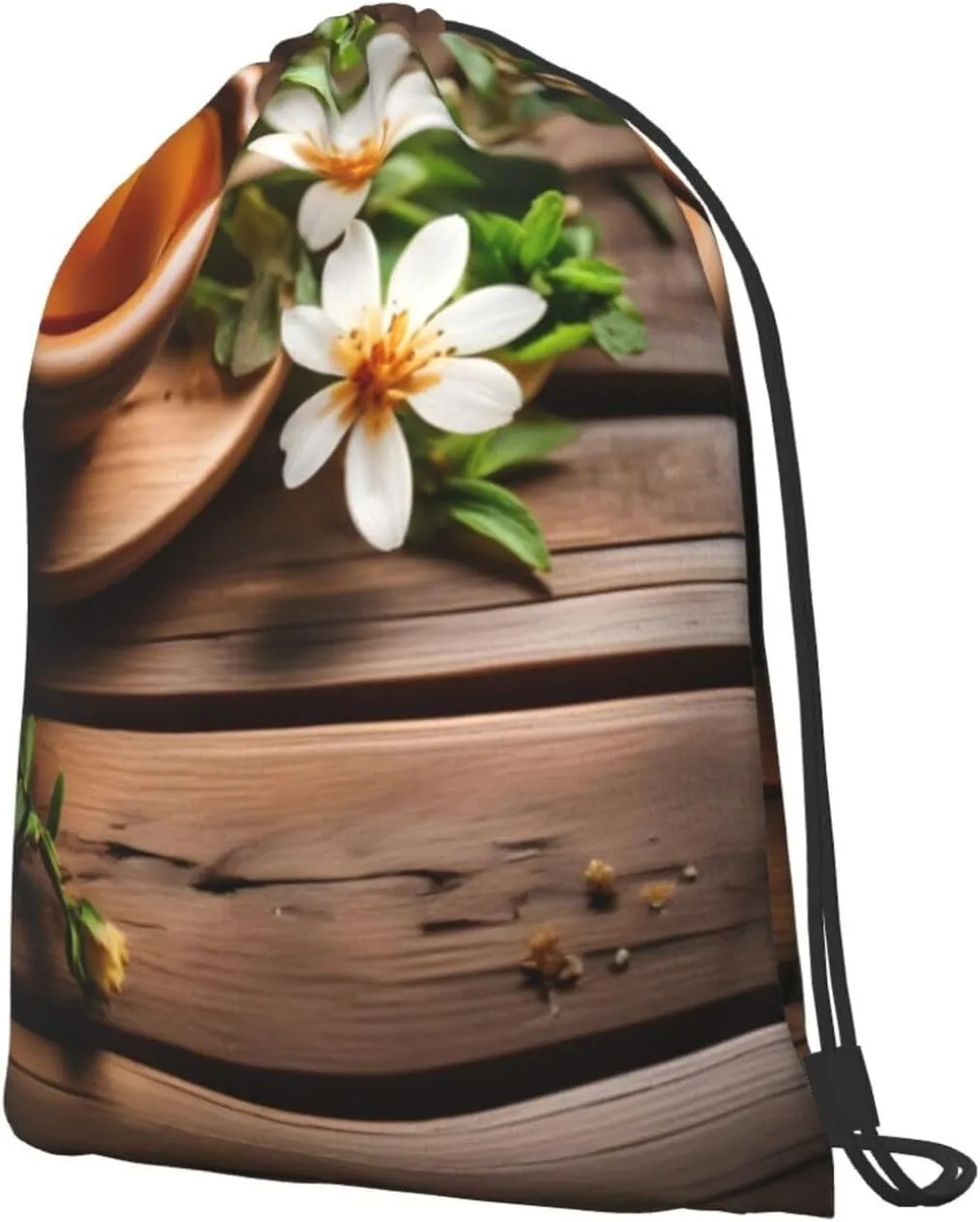 Teal Flower On Wooden Plank Drawstring Backpacks Polyester Bag For Yoga Meditation Fitness