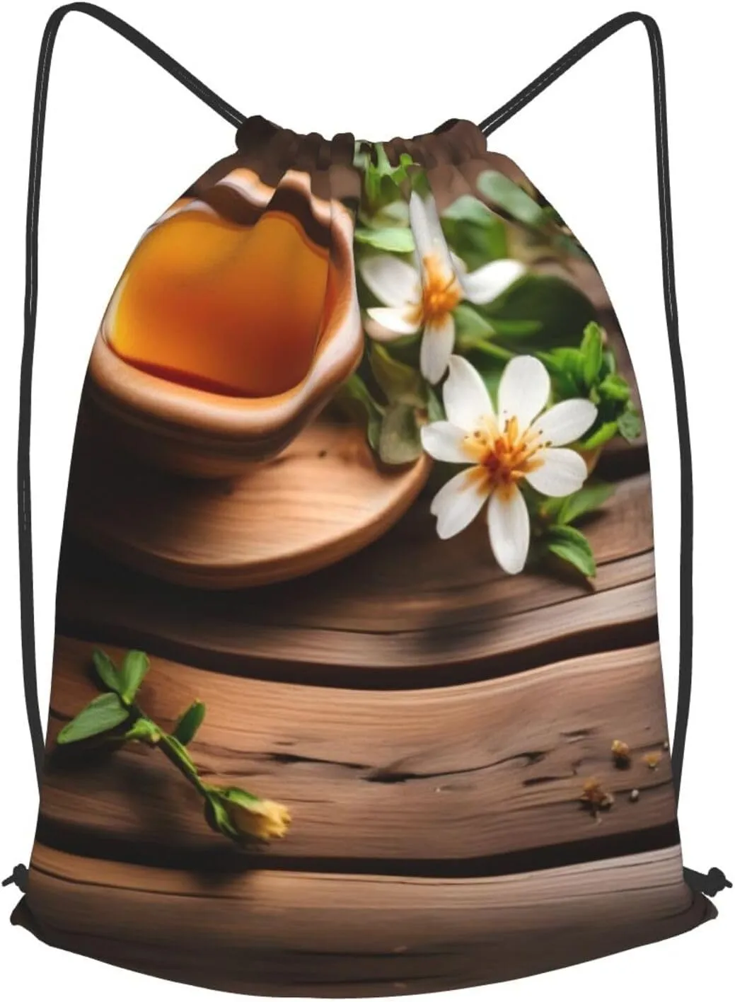Teal Flower On Wooden Plank Drawstring Backpacks Polyester Bag For Yoga Meditation Fitness