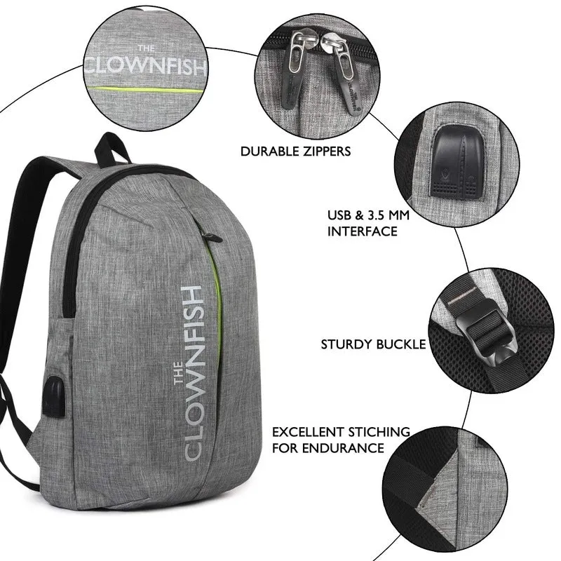 THE CLOWNFISH Redeemer 25L Laptop Backpack - Lightweight, USB Port | 15.6" | Grey