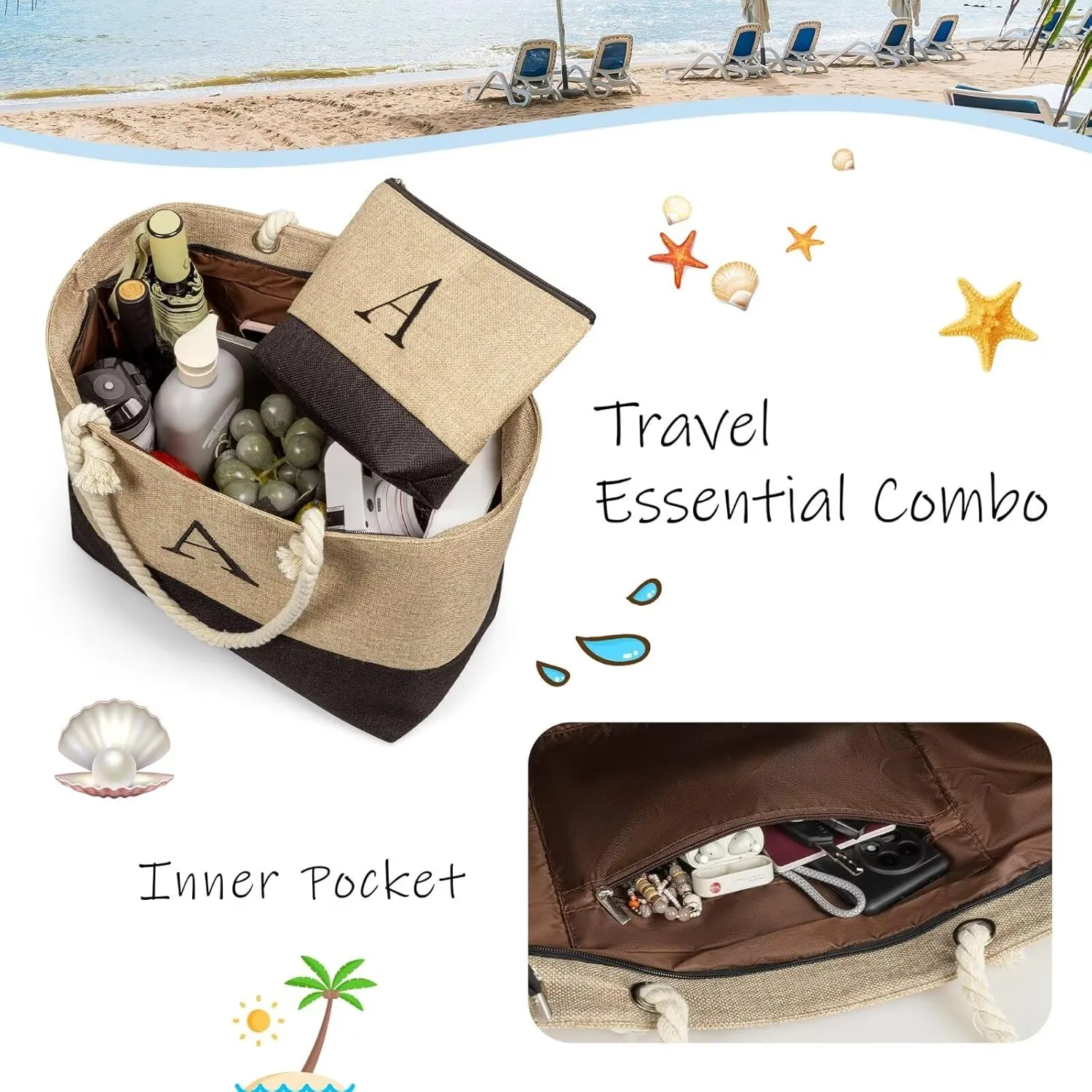 TOPEAST Christmas Gifts for Women - Beach Bags with Makeup Bag Travel Essential Christmas Birthday Gifts for Mom Friends