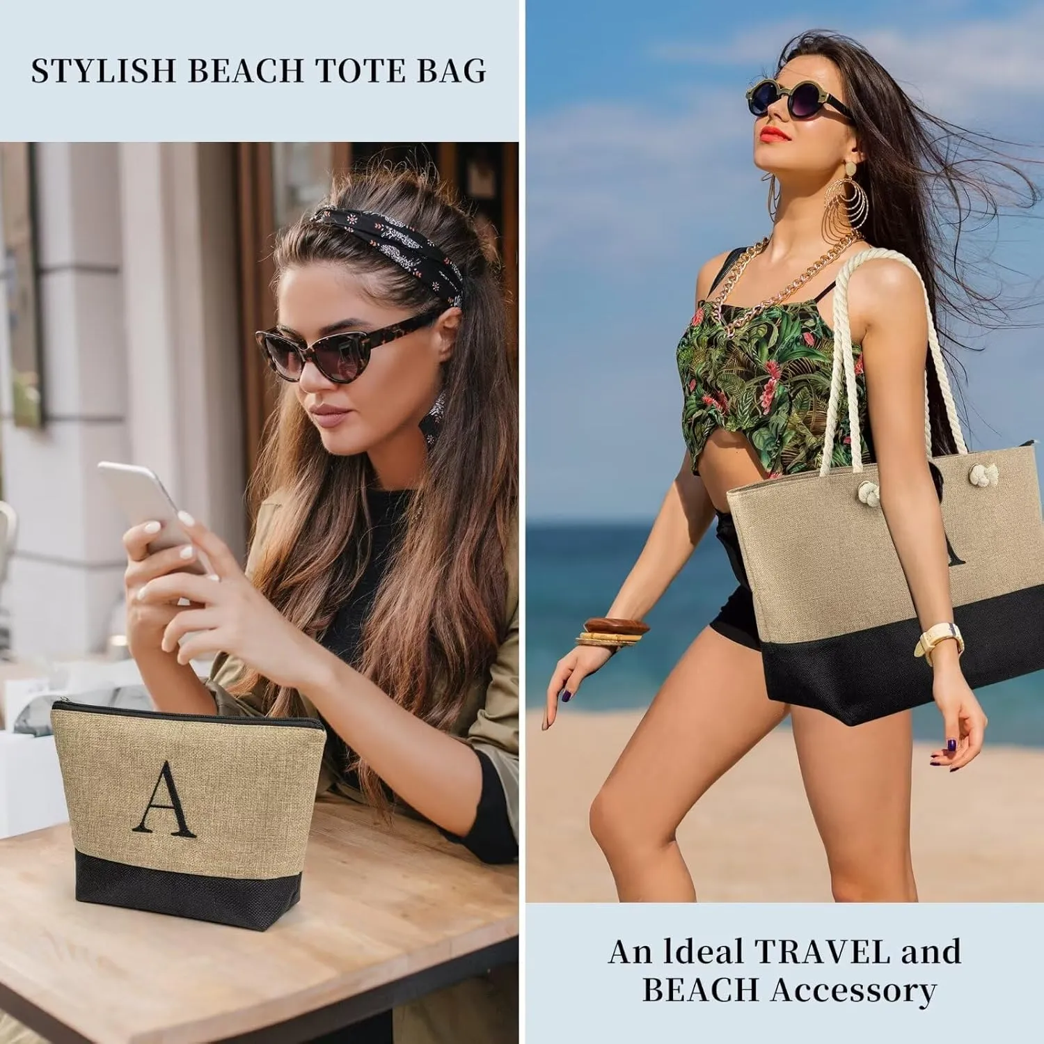 TOPEAST Christmas Gifts for Women - Beach Bags with Makeup Bag Travel Essential Christmas Birthday Gifts for Mom Friends