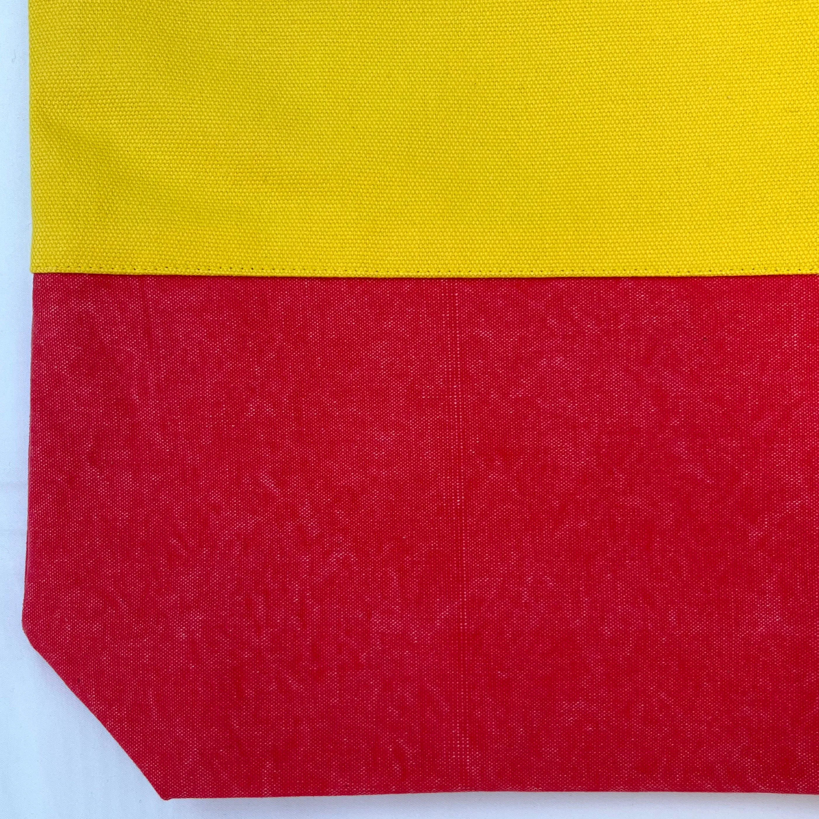 Tote bag. Vibrant yellow and red cotton canvas tote bag. Lined with a royal blue pattern cotton fabric.