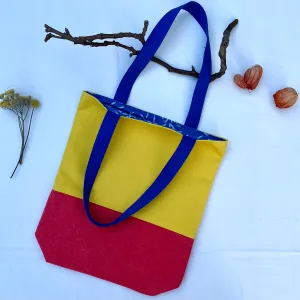 Tote bag. Vibrant yellow and red cotton canvas tote bag. Lined with a royal blue pattern cotton fabric.