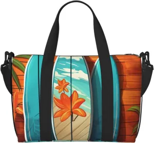Travel Duffel Bags Personal Item Bag Carry On Luggage Bag Training Handbag Lightweight Waterproof Sports Gym Bag Surfboard On Wooden Weekender Bag for Women Men, Black, One Size, Travel Duffle
