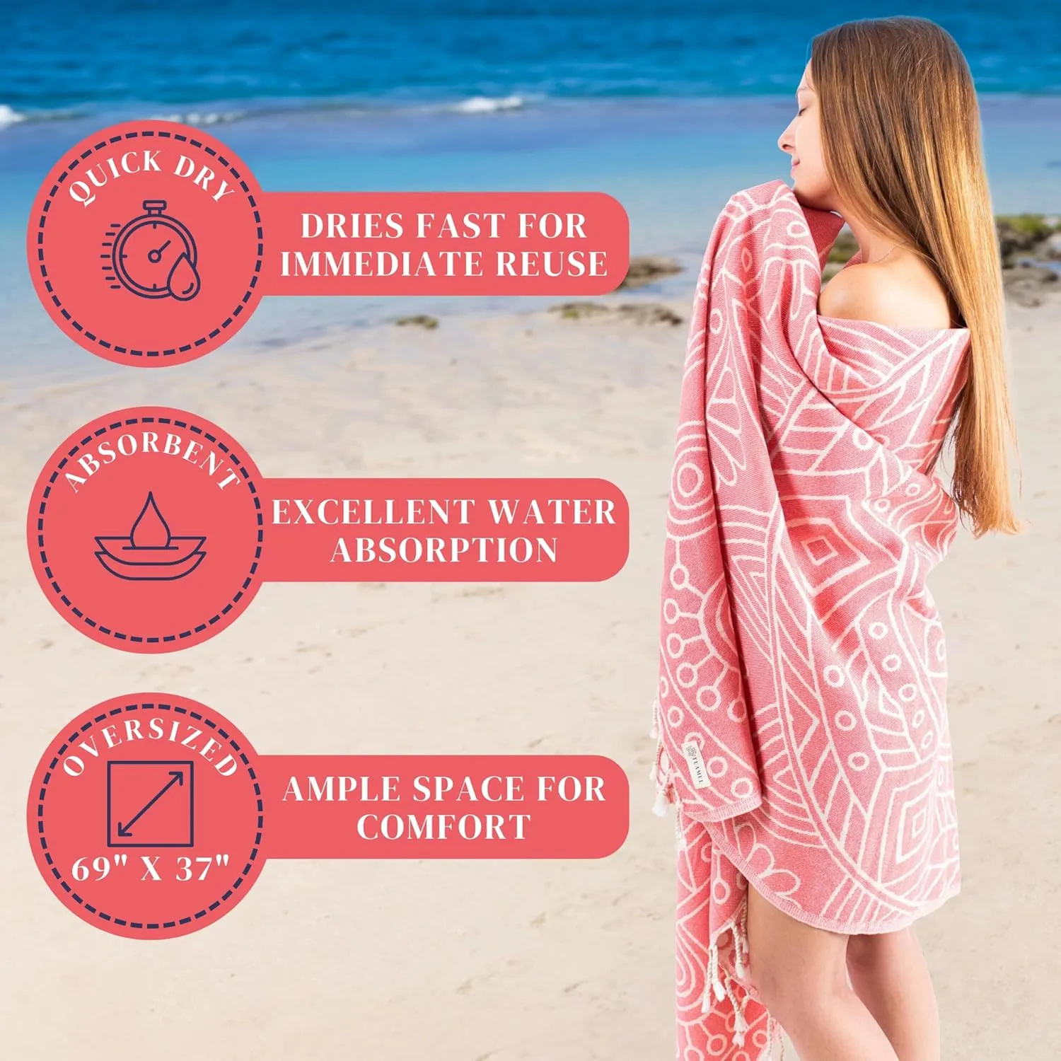 Travel Ready, Packable Lightweight Beach Towels Quick Dry – Oversized (69 x 37 inch), 100% Cloud Cotton, Turkish Sand Free Beach Towel – Fast Drying, Sandproof, Thin, Compact - Cruise Gifts for Women