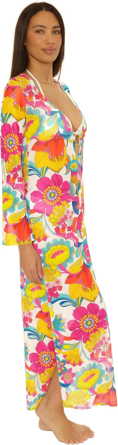 Trina Turk womens Fontaine Mesh Maxi Ring Dress, V-neck, Casual, Beach Cover Ups for Women