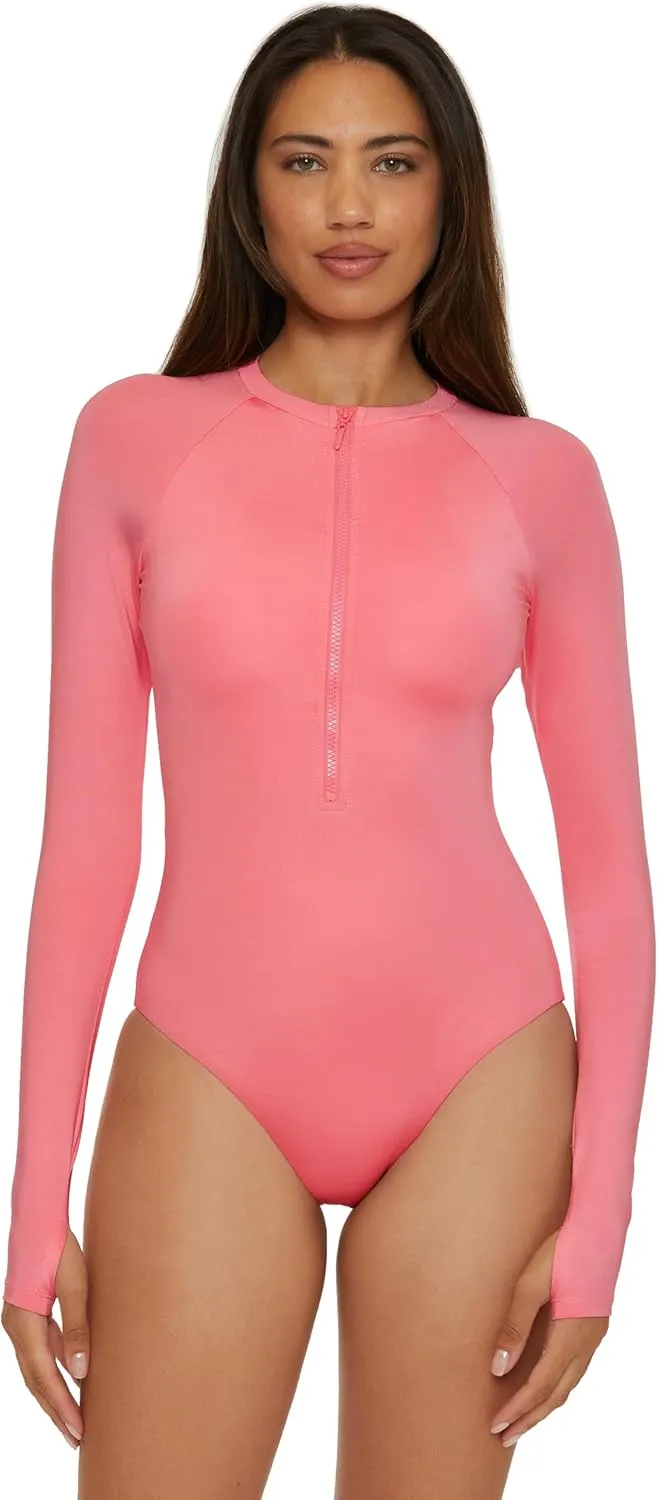 Trina Turk Women's Monaco Paddle One Piece Swimsuit, Rash Guard, Uv Protection, Zip Front, Long Sleeve, Bathing Suits