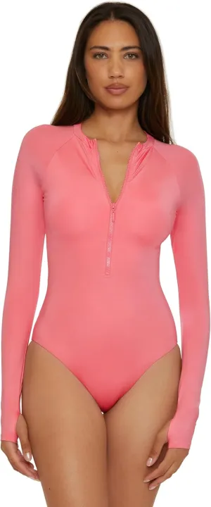 Trina Turk Women's Monaco Paddle One Piece Swimsuit, Rash Guard, Uv Protection, Zip Front, Long Sleeve, Bathing Suits