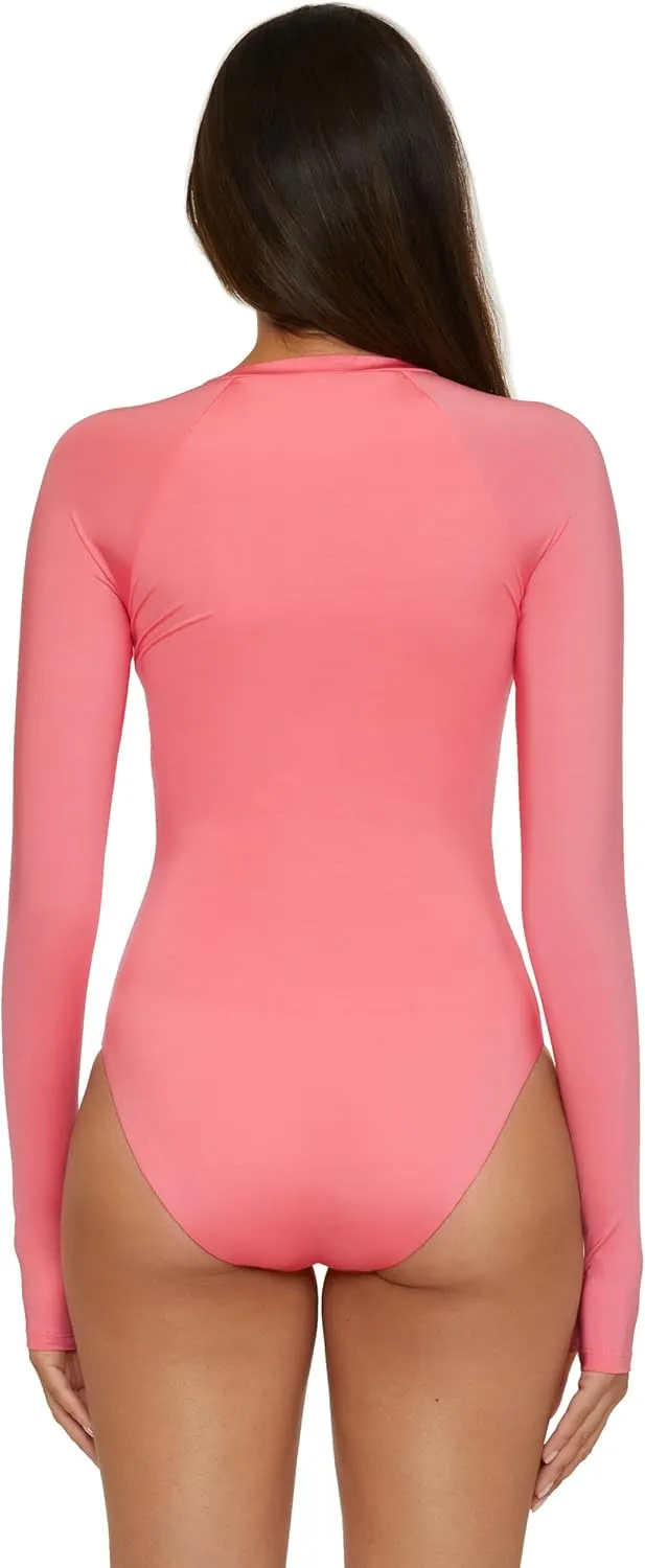 Trina Turk Women's Monaco Paddle One Piece Swimsuit, Rash Guard, Uv Protection, Zip Front, Long Sleeve, Bathing Suits