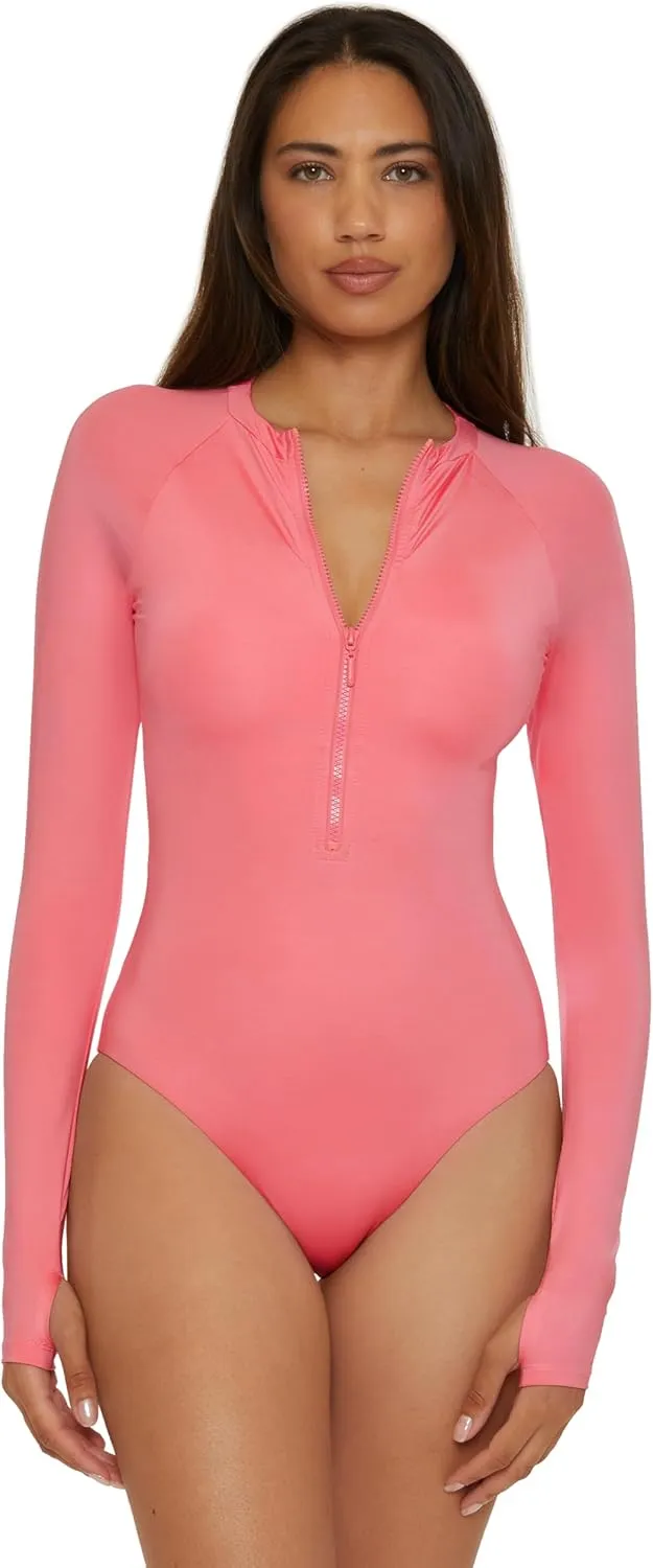 Trina Turk Women's Monaco Paddle One Piece Swimsuit, Rash Guard, Uv Protection, Zip Front, Long Sleeve, Bathing Suits