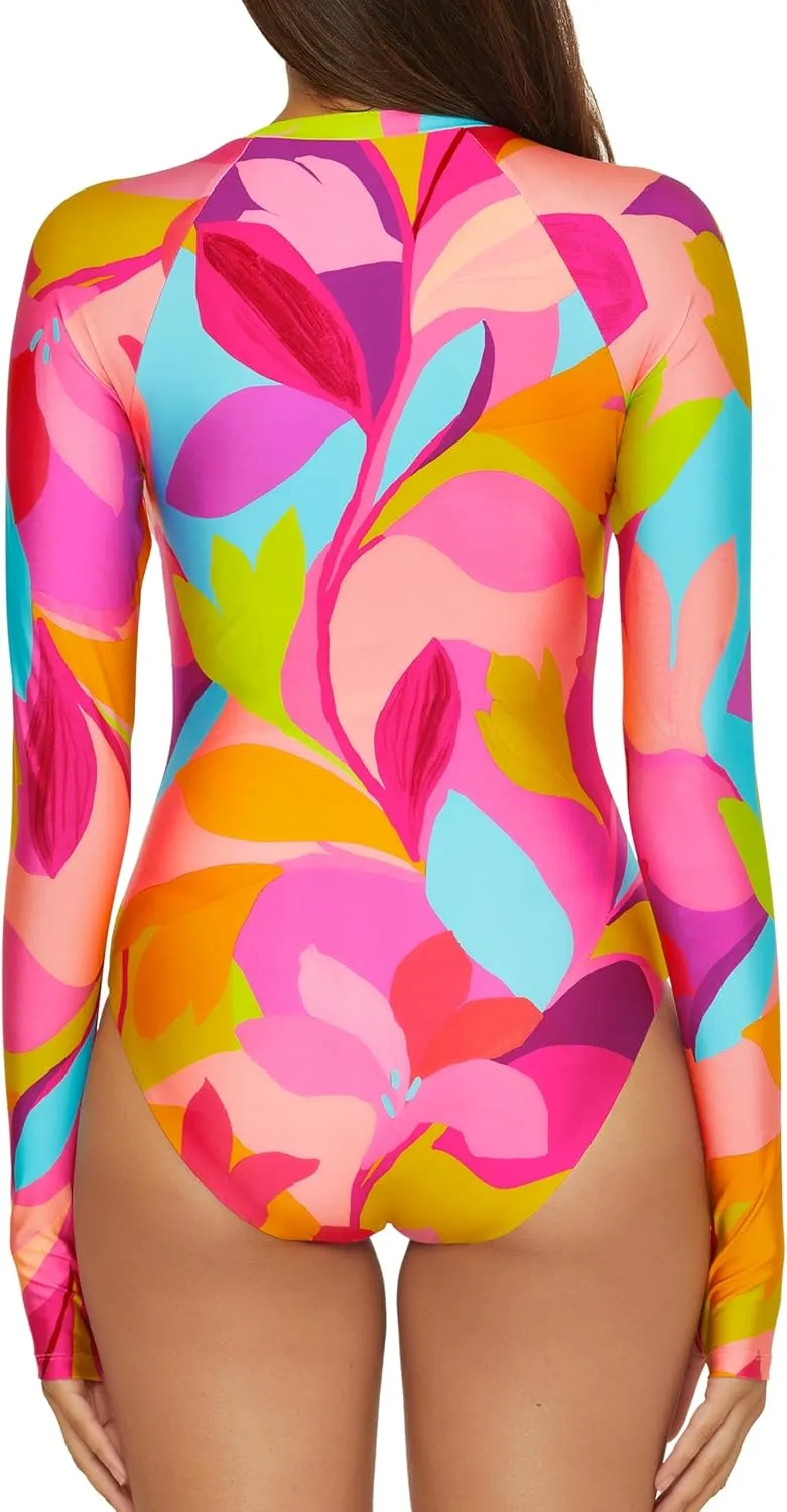 Trina Turk Women's Monaco Paddle One Piece Swimsuit, Rash Guard, Uv Protection, Zip Front, Long Sleeve, Bathing Suits