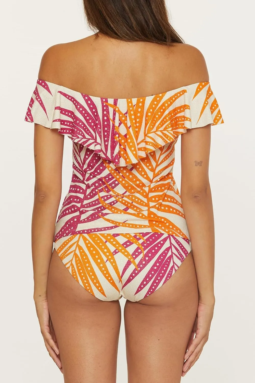 Trina Turk Women's Standard Sheer Tankini, Off Shoulder, Tropical Palm Leaf Print, Beach Cover Ups