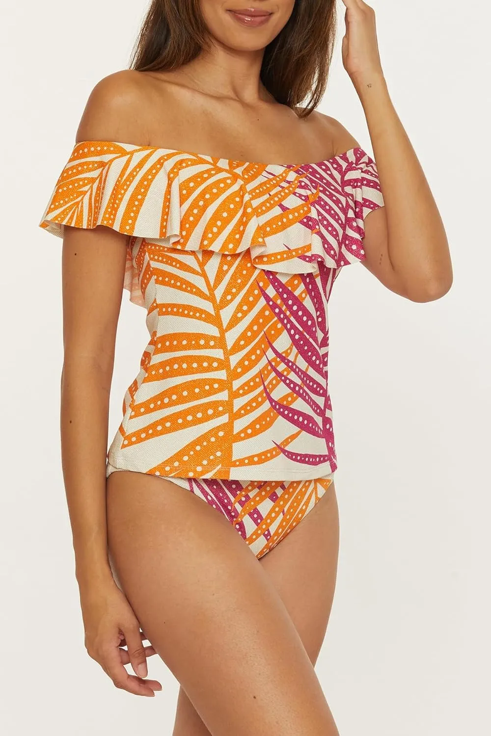 Trina Turk Women's Standard Sheer Tankini, Off Shoulder, Tropical Palm Leaf Print, Beach Cover Ups