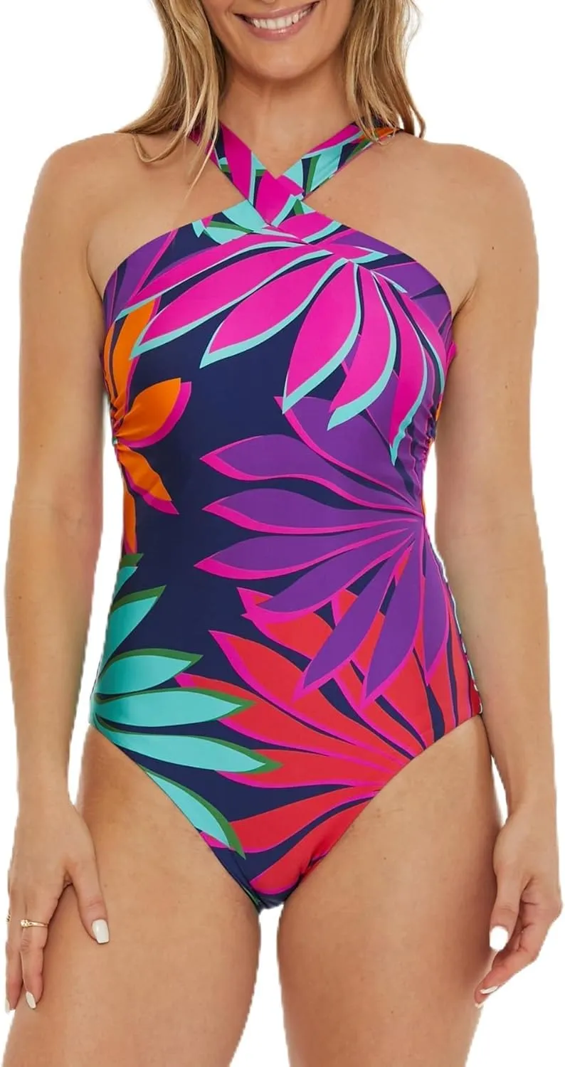 Trina Turk Women's Standard Wailea Reversible High Neck One Piece Swimsuit, Tropical Print, Bathing Suits