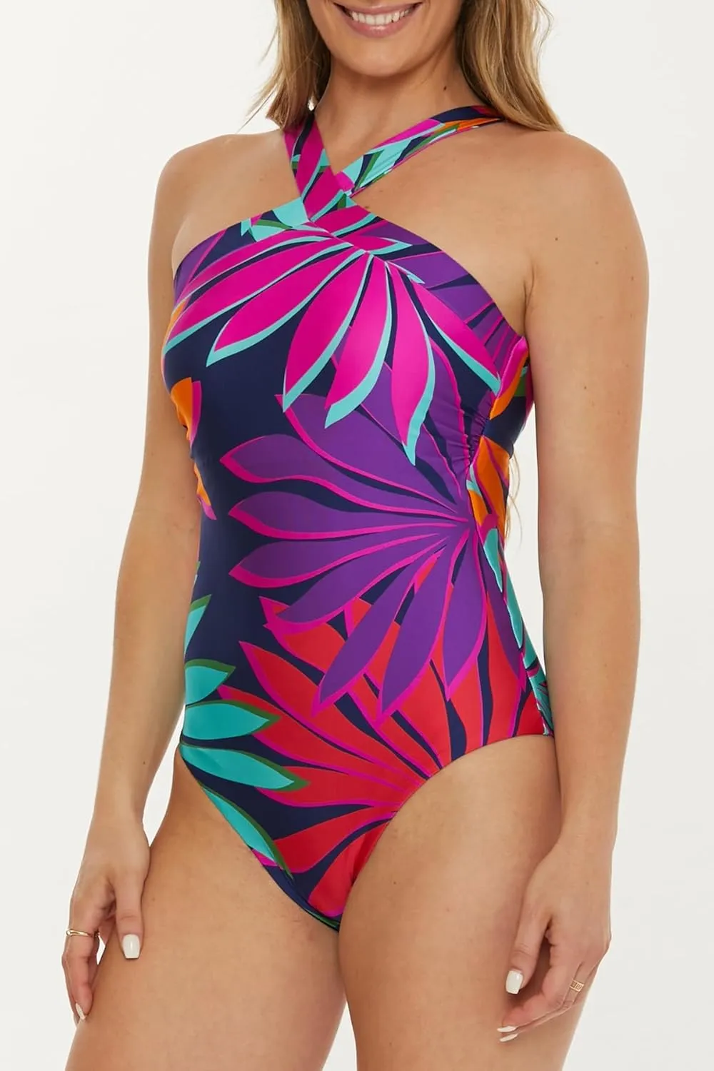 Trina Turk Women's Standard Wailea Reversible High Neck One Piece Swimsuit, Tropical Print, Bathing Suits