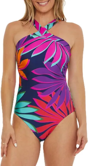 Trina Turk Women's Standard Wailea Reversible High Neck One Piece Swimsuit, Tropical Print, Bathing Suits