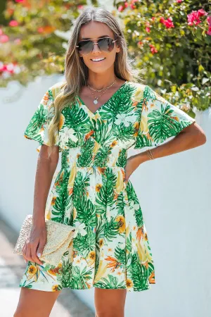 Tropical Floral Leaf Print Smocked Dress