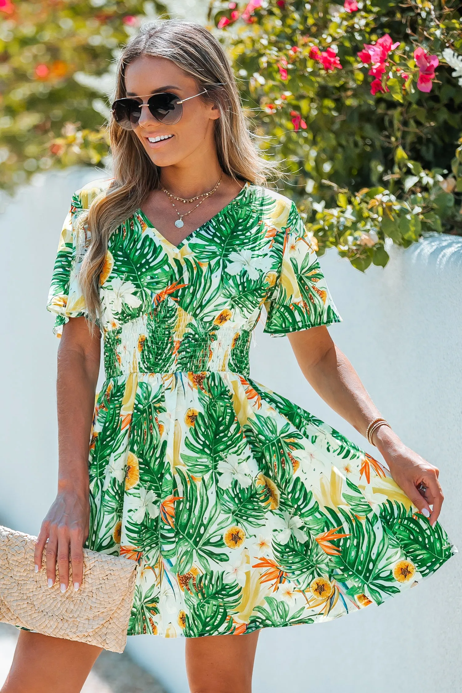 Tropical Floral Leaf Print Smocked Dress