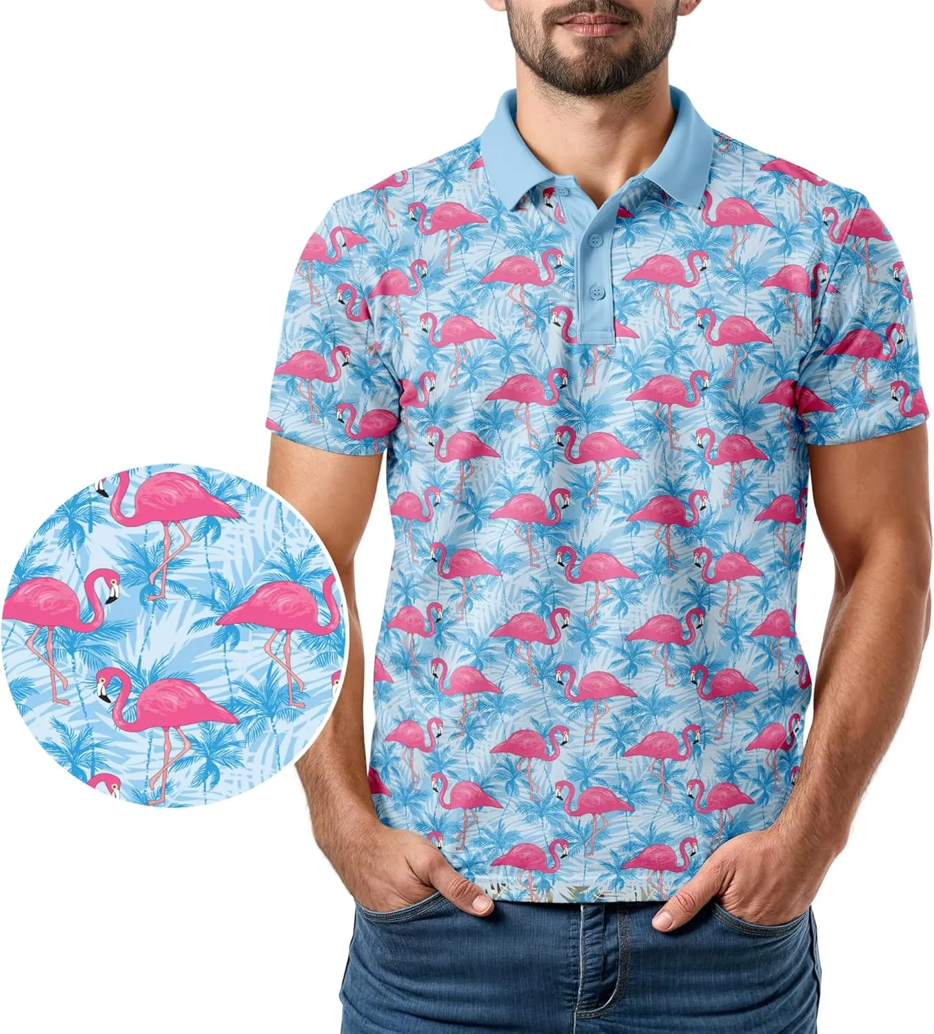 Tropical Hawaiian Golf Polo Shirt – Men Sizes S Thru 5XL Performance Moisture Wicking Dri Fit Flamingo Resort Wear Pickleball
