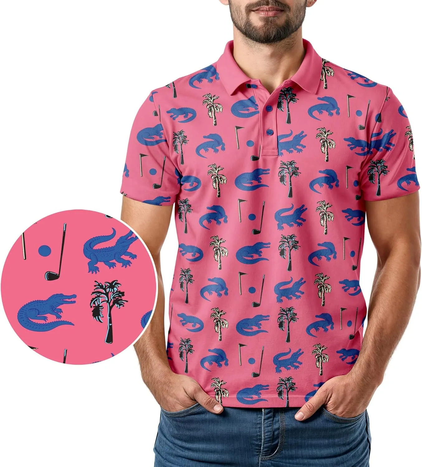 Tropical Hawaiian Golf Polo Shirt – Men Sizes S Thru 5XL Performance Moisture Wicking Dri Fit Flamingo Resort Wear Pickleball