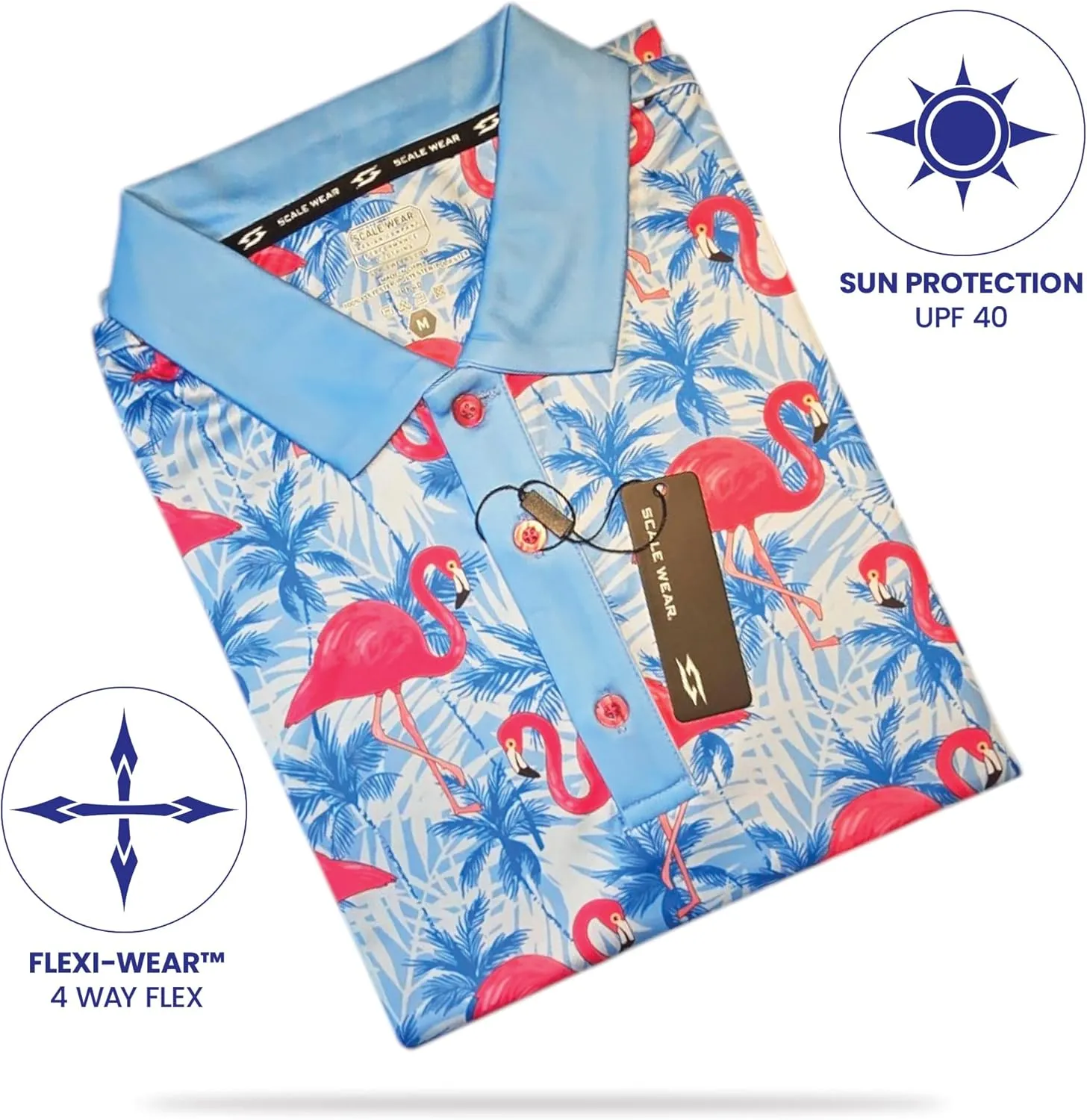 Tropical Hawaiian Golf Polo Shirt – Men Sizes S Thru 5XL Performance Moisture Wicking Dri Fit Flamingo Resort Wear Pickleball