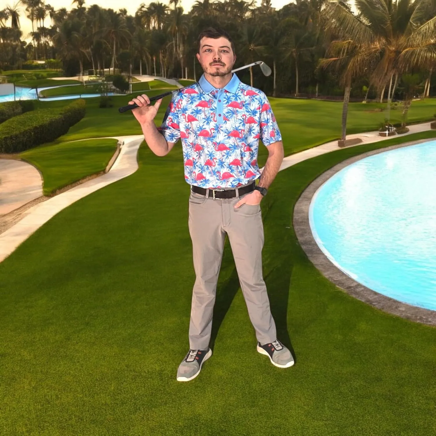 Tropical Hawaiian Golf Polo Shirt – Men Sizes S Thru 5XL Performance Moisture Wicking Dri Fit Flamingo Resort Wear Pickleball
