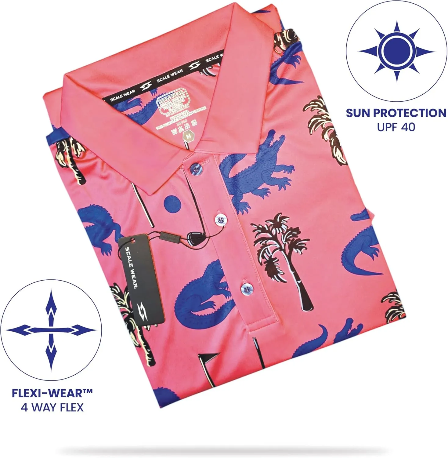 Tropical Hawaiian Golf Polo Shirt – Men Sizes S Thru 5XL Performance Moisture Wicking Dri Fit Flamingo Resort Wear Pickleball