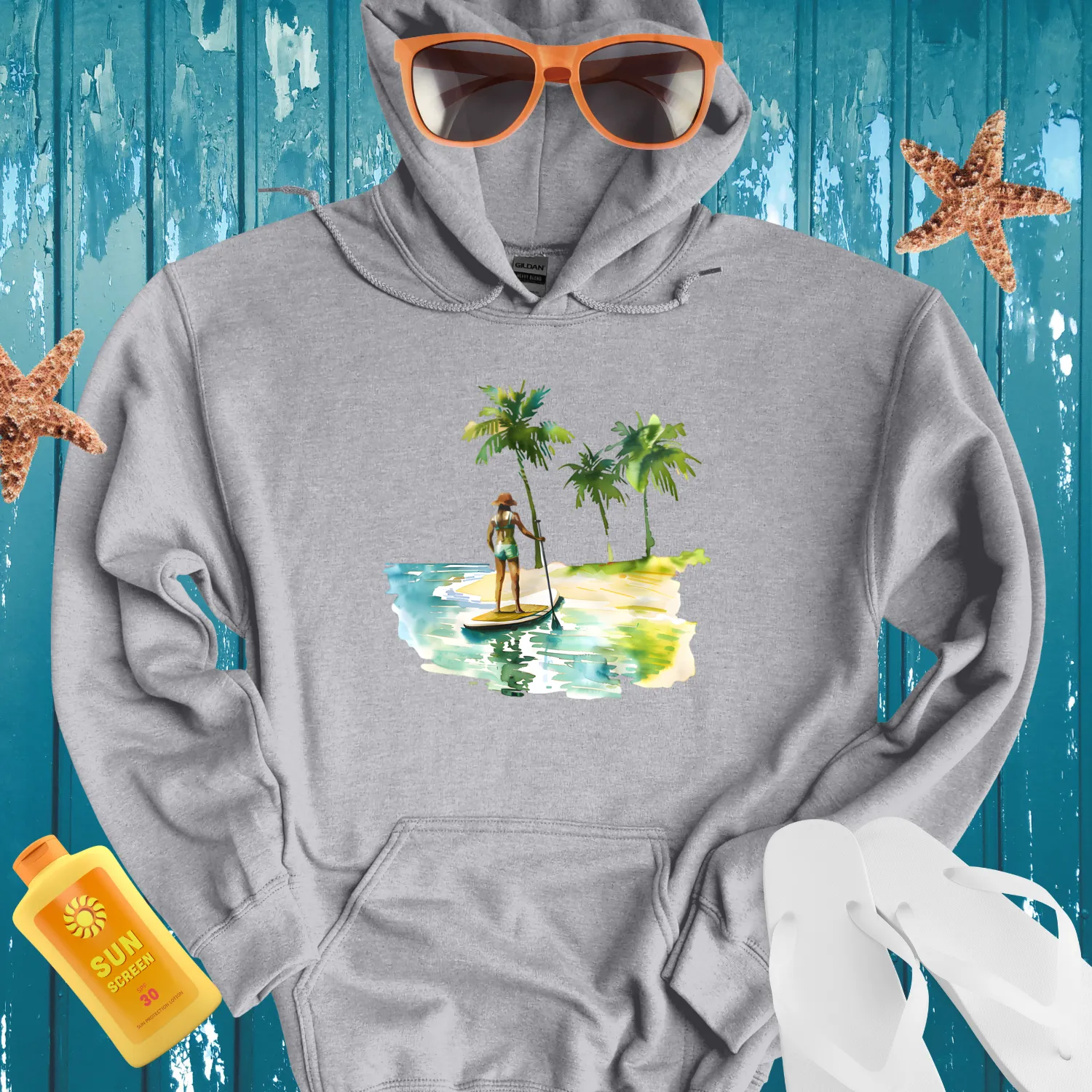 Tropical Paddleboarding Hoodie With Watercolor Design
