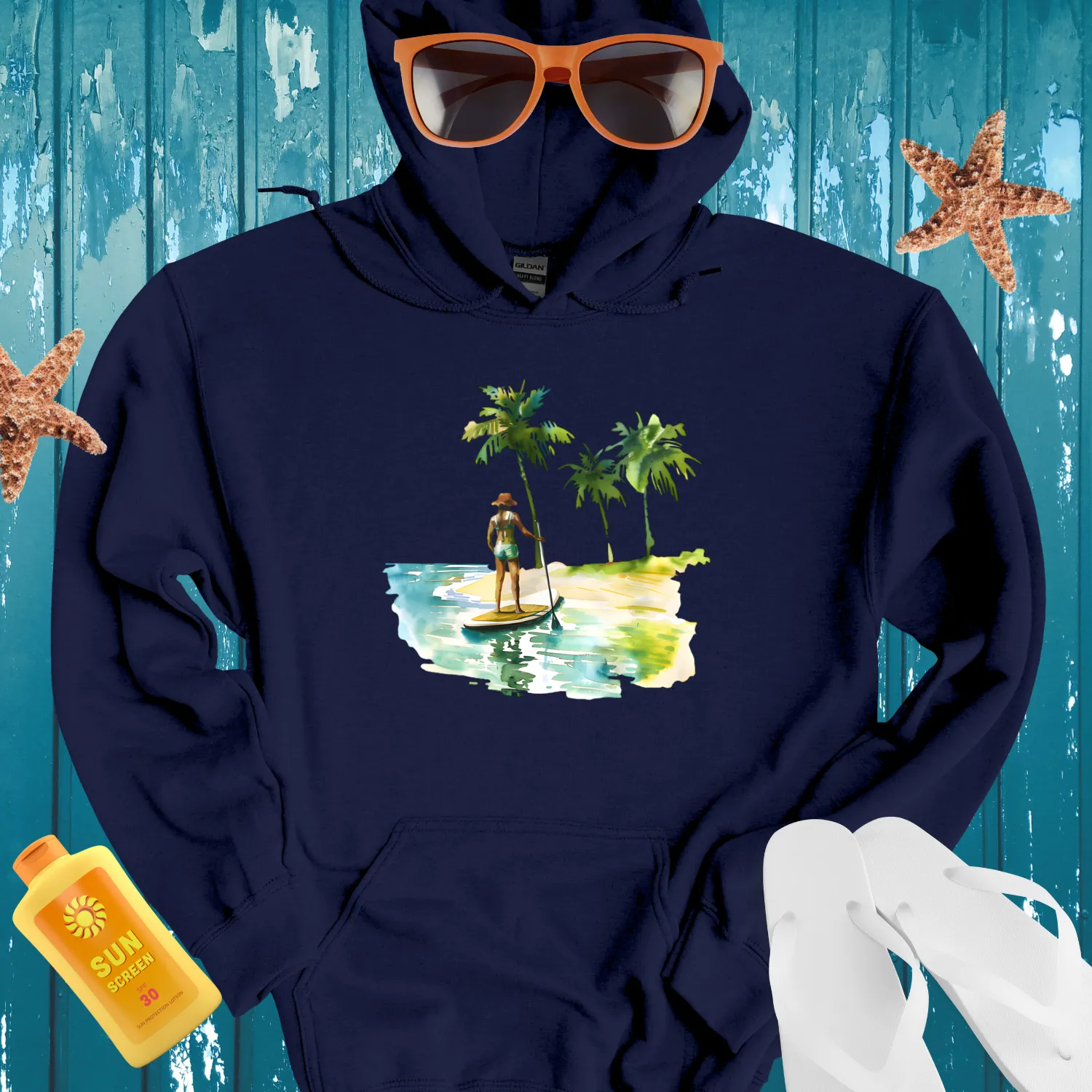 Tropical Paddleboarding Hoodie With Watercolor Design