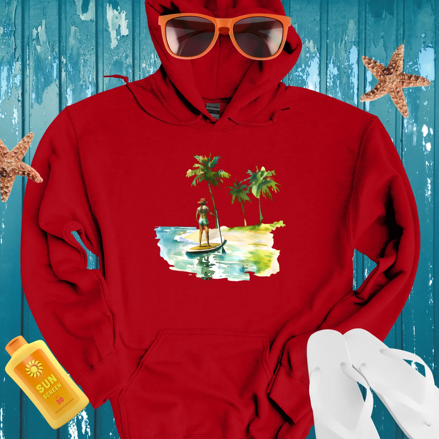 Tropical Paddleboarding Hoodie With Watercolor Design
