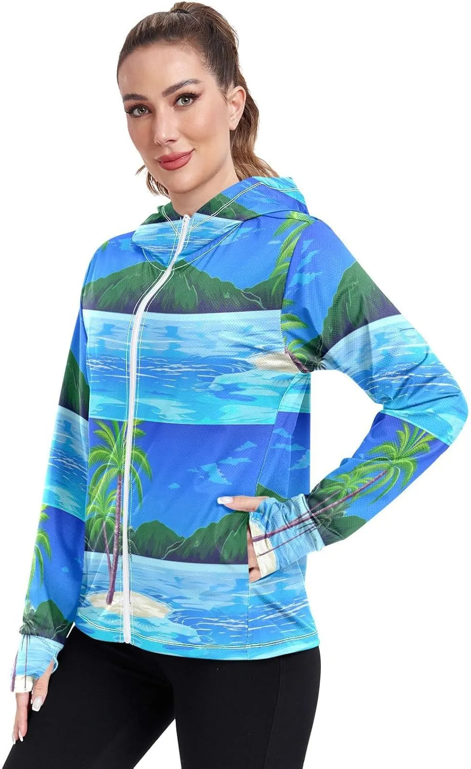 Tropical Palm Trees Blue Sun Jacket for Women Uv Protection, Upf 50  Long Sleeve Top, S-XXL