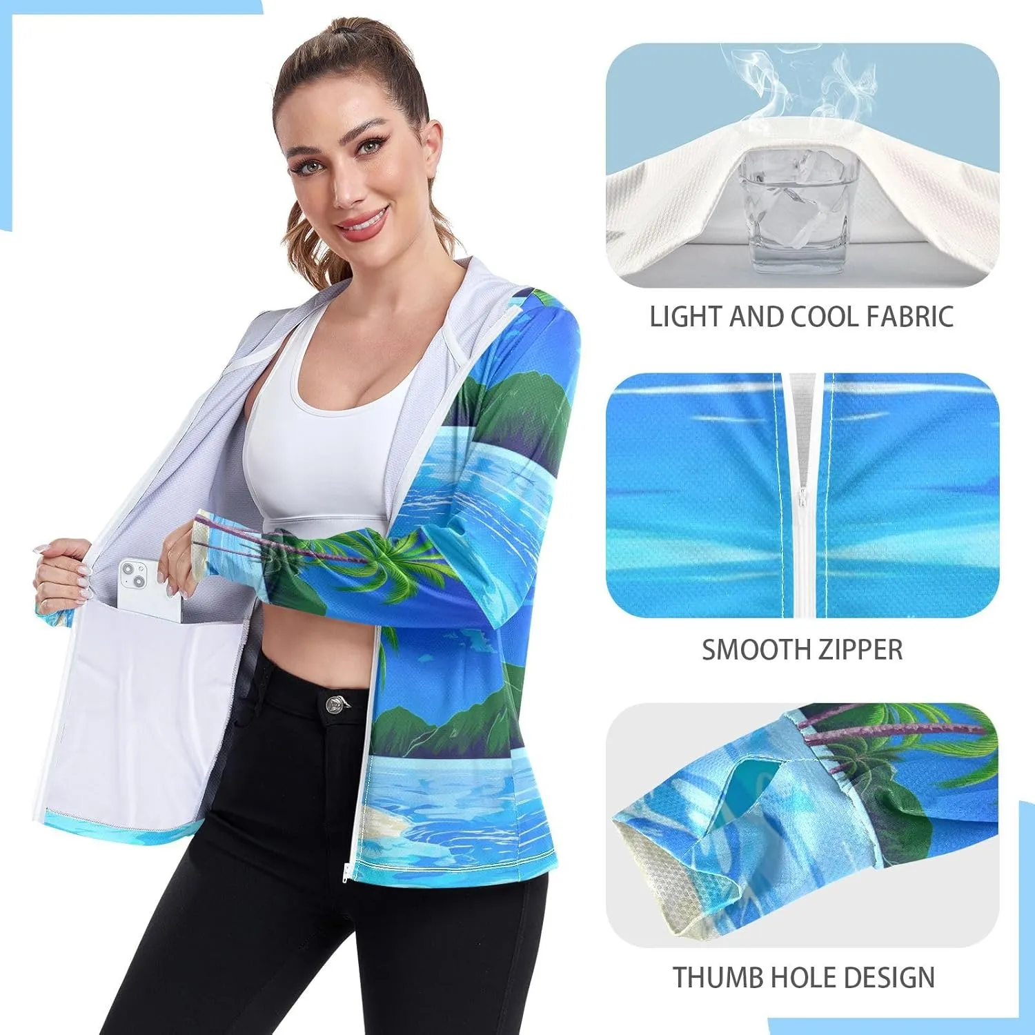 Tropical Palm Trees Blue Sun Jacket for Women Uv Protection, Upf 50  Long Sleeve Top, S-XXL