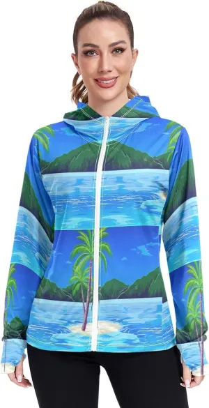 Tropical Palm Trees Blue Sun Jacket for Women Uv Protection, Upf 50  Long Sleeve Top, S-XXL