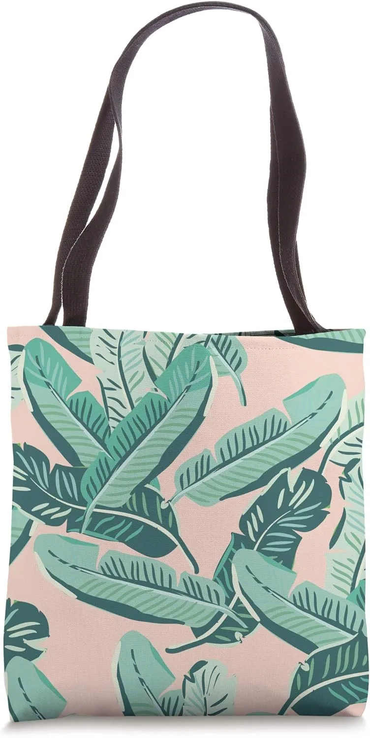 Tropical Peach Green Botanical Leaves Summer Jungle Pattern Tote Bag