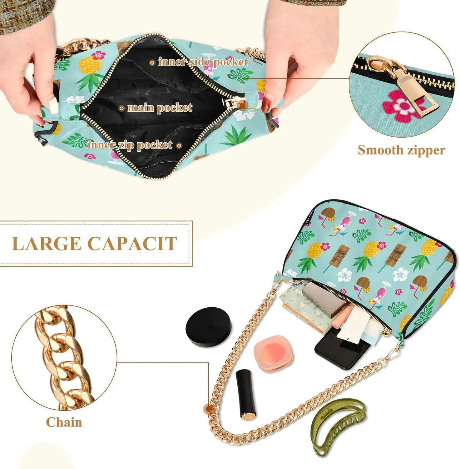 Tropical Tiki Drinks Pineapple Shoulder Bags for Women Small Handbags Mini Clutch Purse