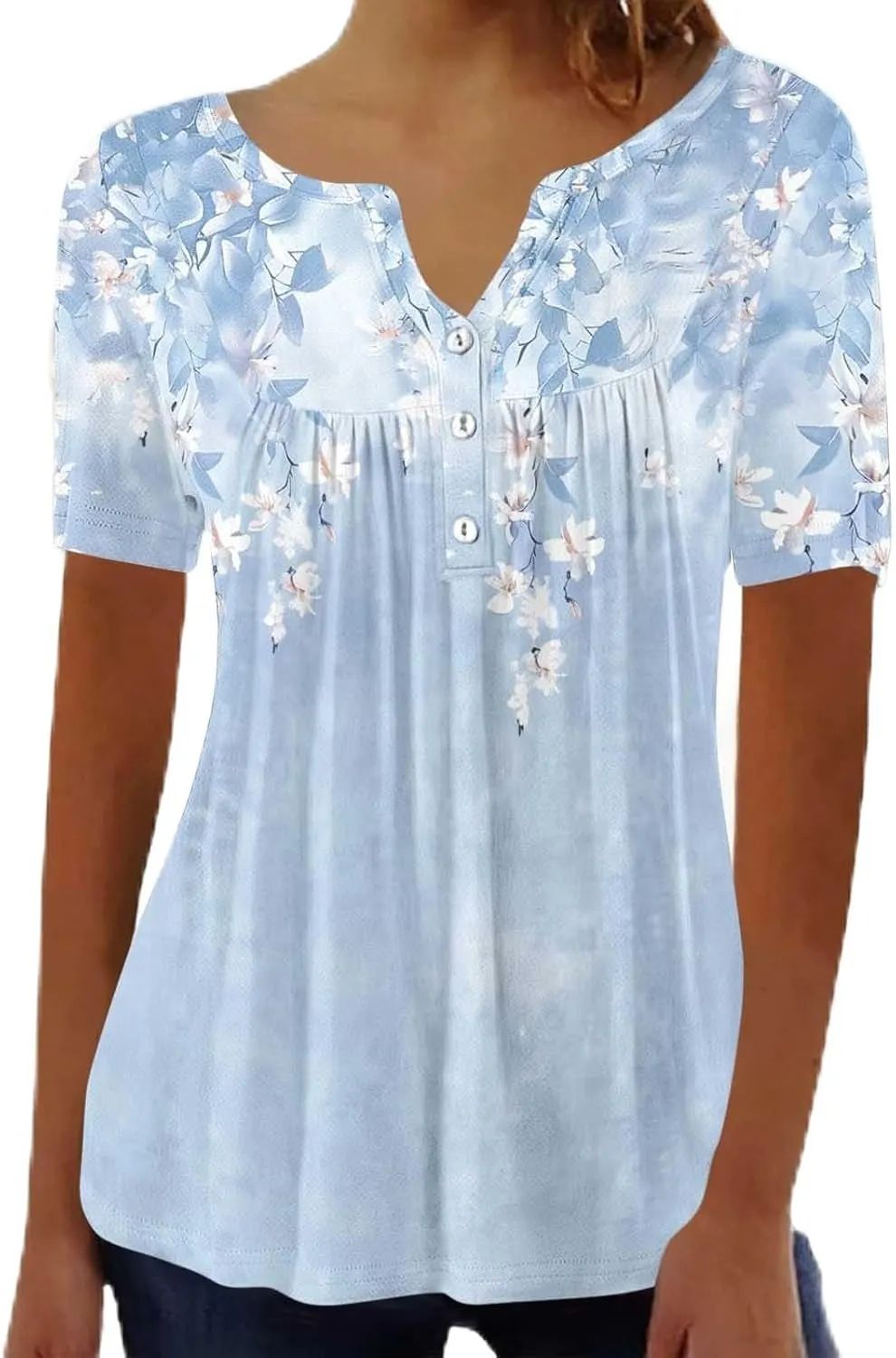 Tunic Tops for Women Loose Fit Dressy Short Sleeve Shirts Summer Casual Pleated Hide Belly Ruffled Hem Blouse for Leggings