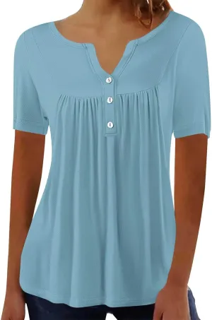 Tunic Tops for Women Loose Fit Dressy Short Sleeve Shirts Summer Casual Pleated Hide Belly Ruffled Hem Blouse for Leggings