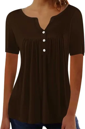 Tunic Tops for Women Loose Fit Dressy Short Sleeve Shirts Summer Casual Pleated Hide Belly Ruffled Hem Blouse for Leggings