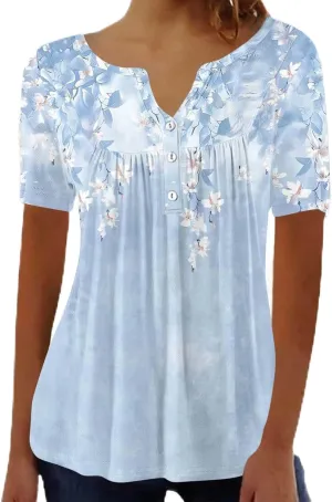 Tunic Tops for Women Loose Fit Dressy Short Sleeve Shirts Summer Casual Pleated Hide Belly Ruffled Hem Blouse for Leggings