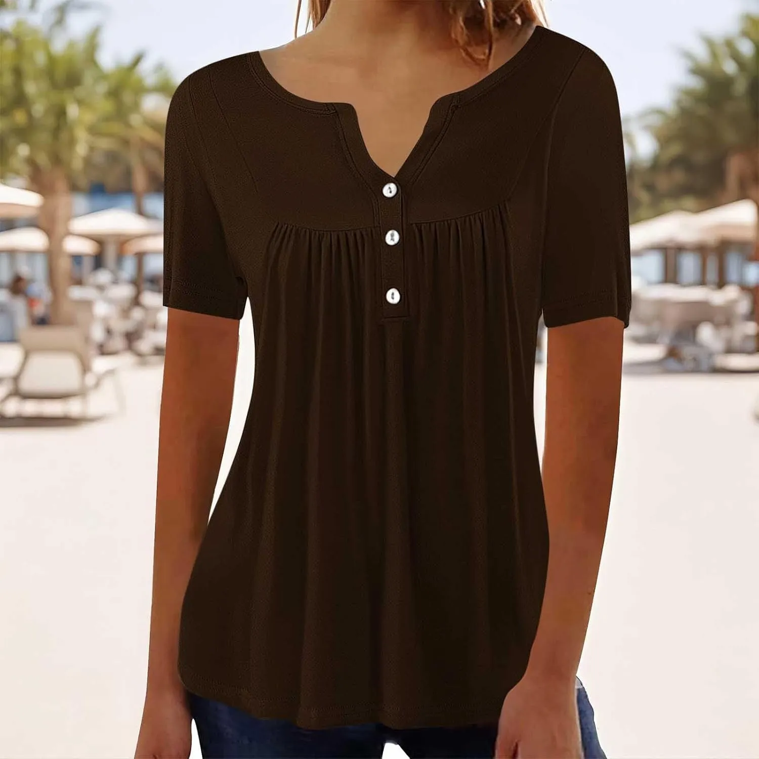 Tunic Tops for Women Loose Fit Dressy Short Sleeve Shirts Summer Casual Pleated Hide Belly Ruffled Hem Blouse for Leggings