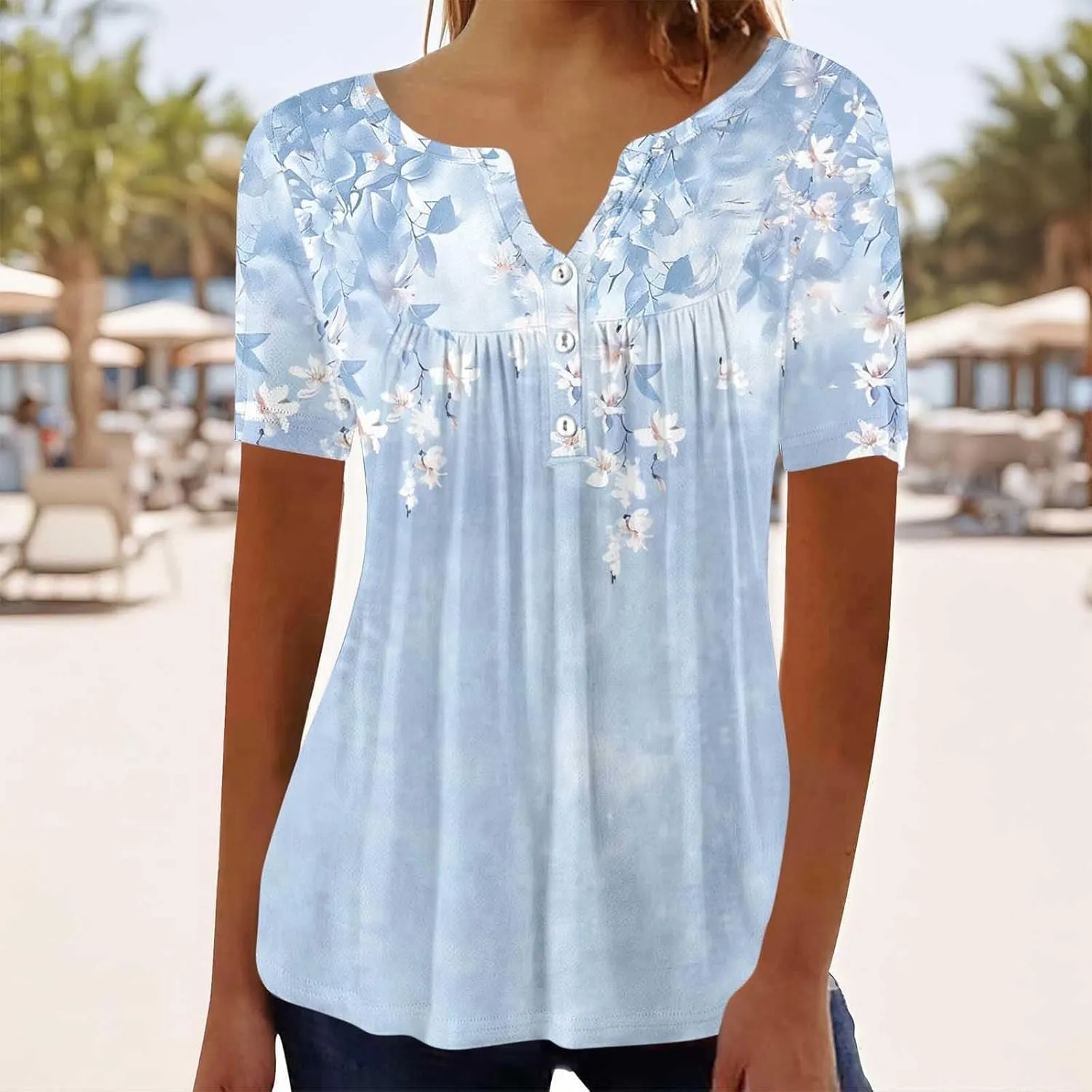 Tunic Tops for Women Loose Fit Dressy Short Sleeve Shirts Summer Casual Pleated Hide Belly Ruffled Hem Blouse for Leggings