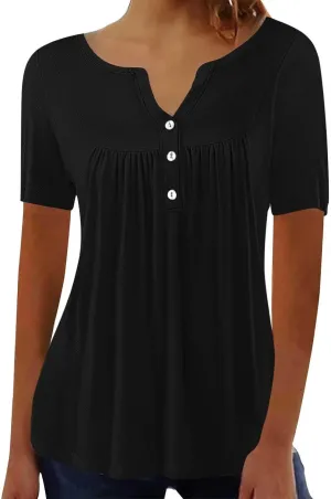Tunic Tops for Women Loose Fit Dressy Short Sleeve Shirts Summer Casual Pleated Hide Belly Ruffled Hem Blouse for Leggings